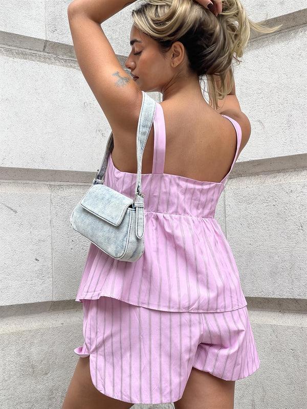 Glamorous Pink Vertical-Stripe Tie-Front Smock-Top