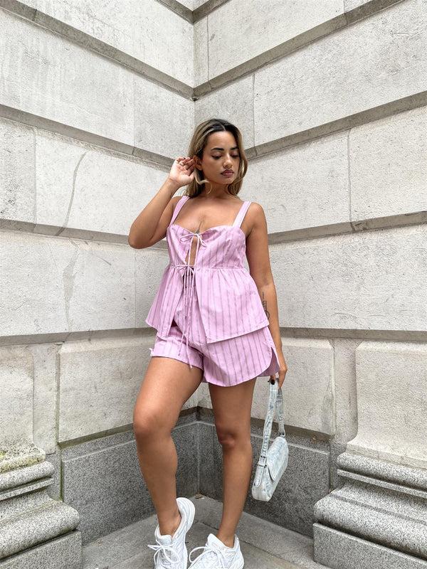 Glamorous Pink Vertical-Stripe Tie-Front Smock-Top