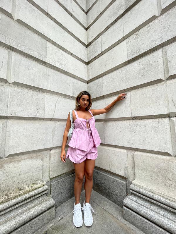 Glamorous Pink Vertical-Stripe Tie-Front Smock-Top