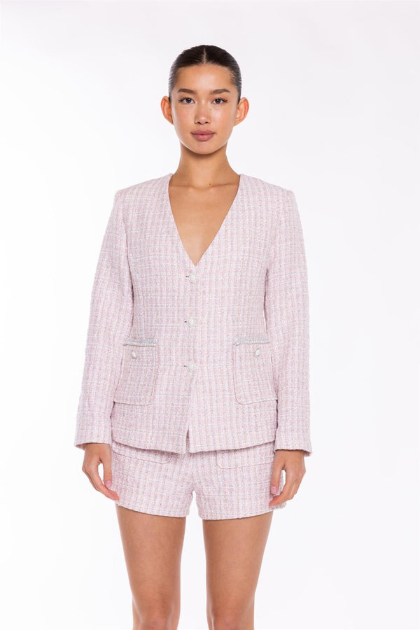 Glamorous Pink-White Tweed Collarless -Blazer