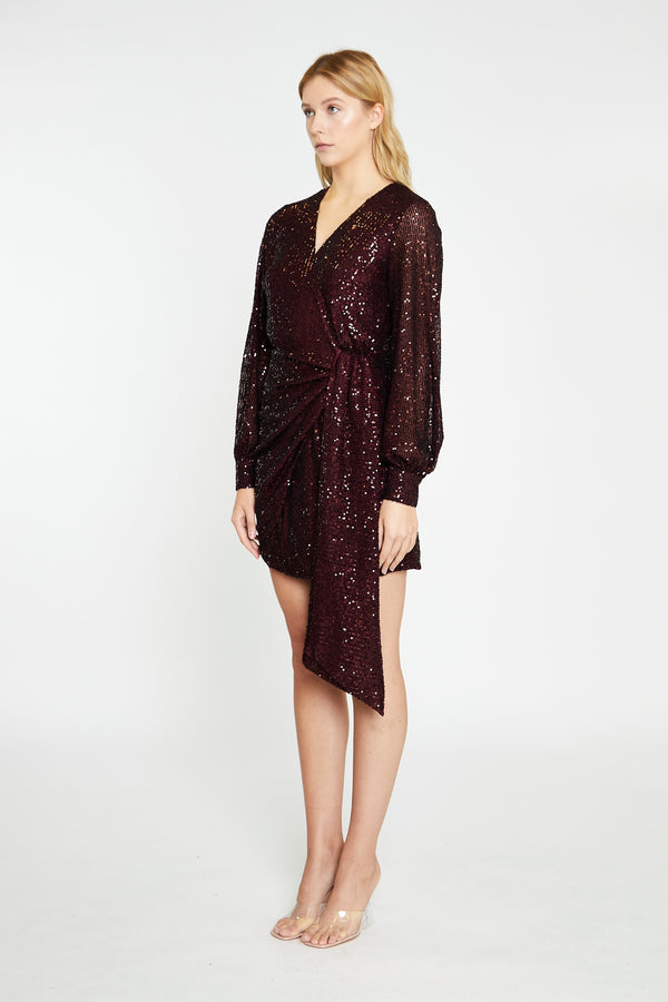 Glamorous Port-Red Sequin Wrap-Front Mini-Dress