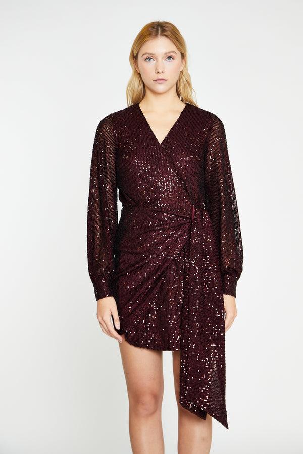 glamorous Port-Red Sequin Wrap-Front Mini-Dress