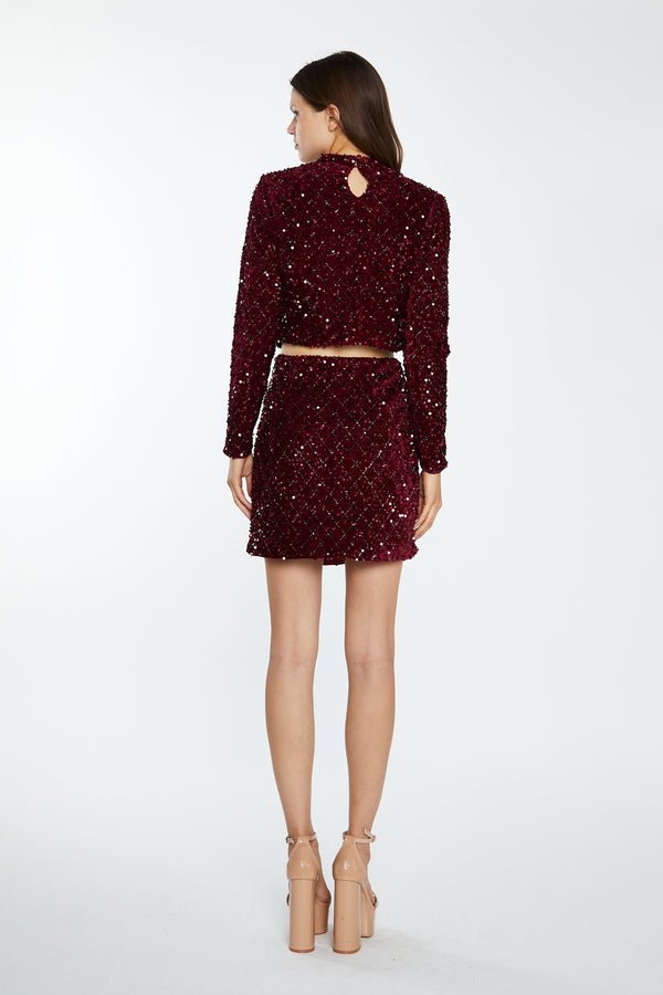 Glamorous Port-Red Velvet-Sequin High Neck -Top