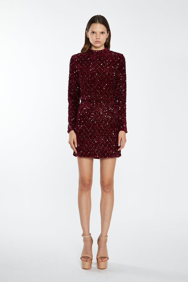 Glamorous Port-Red Velvet-Sequin High Neck -Top