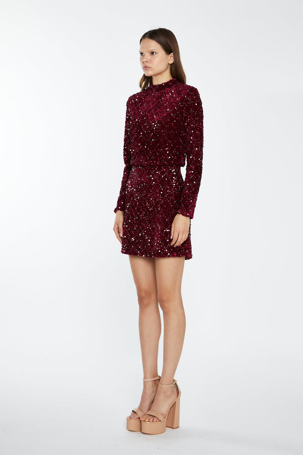 Glamorous Port-Red Velvet-Sequin High Neck -Top