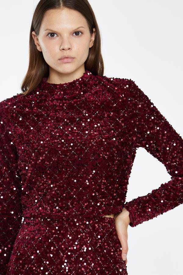 glamorous Port-Red Velvet-Sequin High Neck -Top