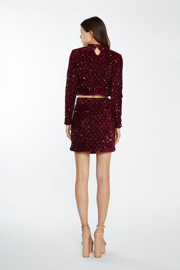 Glamorous Port-Red Velvet-Sequin Mini-Skirt