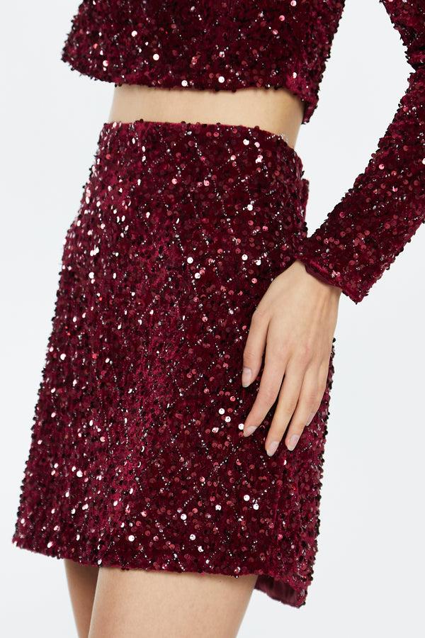 Glamorous Port-Red Velvet-Sequin Mini-Skirt