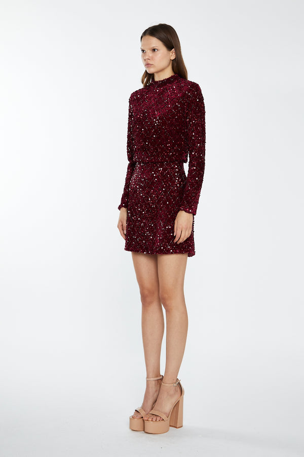 Glamorous Port-Red Velvet-Sequin Mini-Skirt