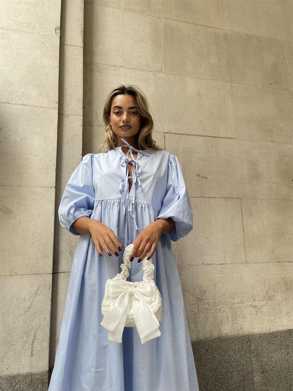 glamorous Powder-Blue Tie-Front Midi-Dress