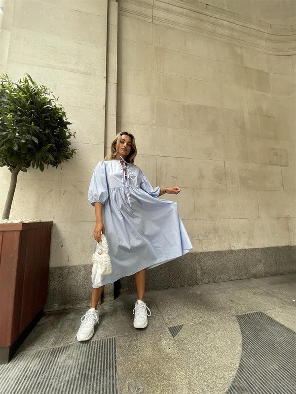 glamorous Powder-Blue Tie-Front Midi-Dress