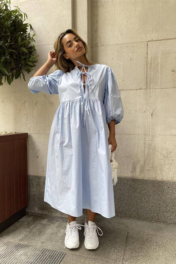 glamorous Powder-Blue Tie-Front Midi-Dress