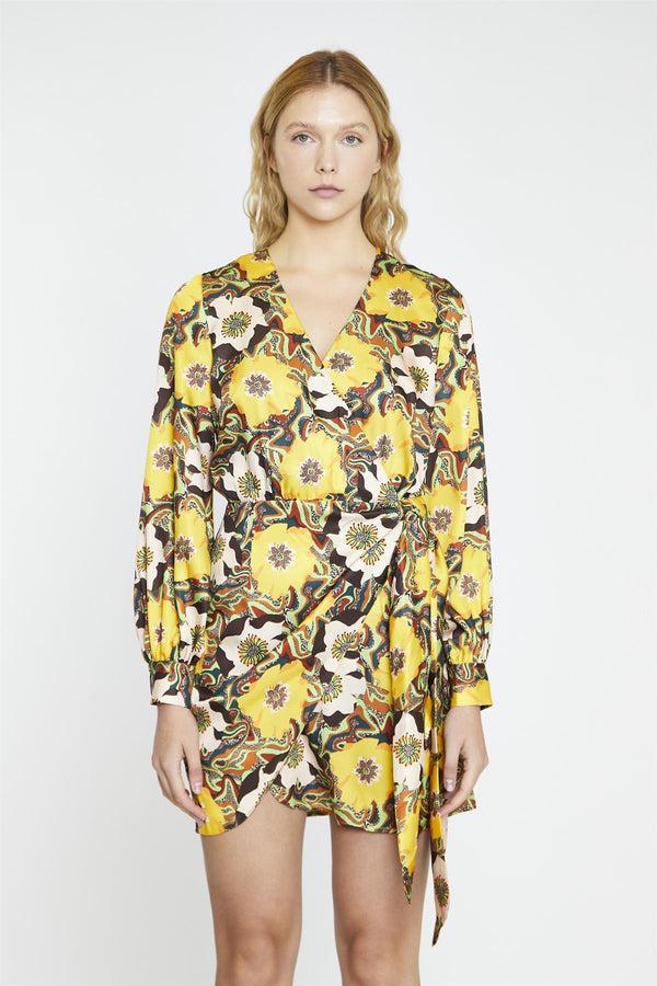 glamorous Psychedelic Multi-Floral Wrap Mini-Dress