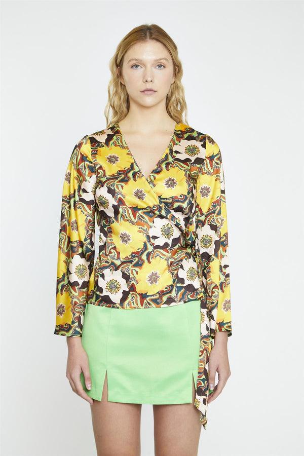 glamorous Psychedelic Multi-Floral Wrap-Top