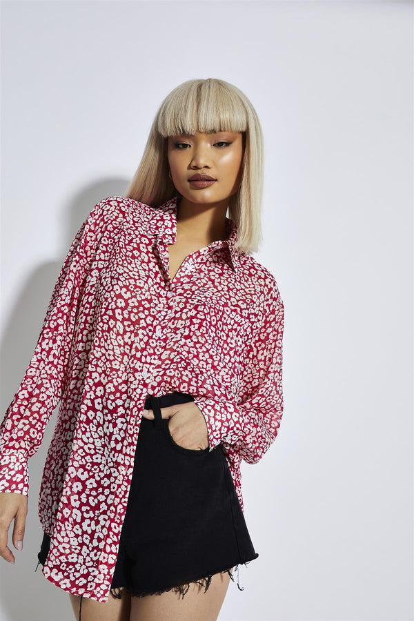 Glamorous Red-Leopard Chiffon Classic-Shirt