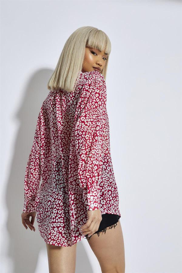 Glamorous Red-Leopard Chiffon Classic-Shirt