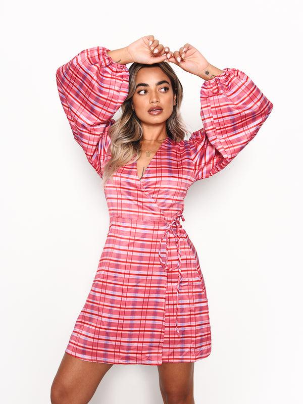 glamorous Red Pink Check Wrap Front Mini Dress