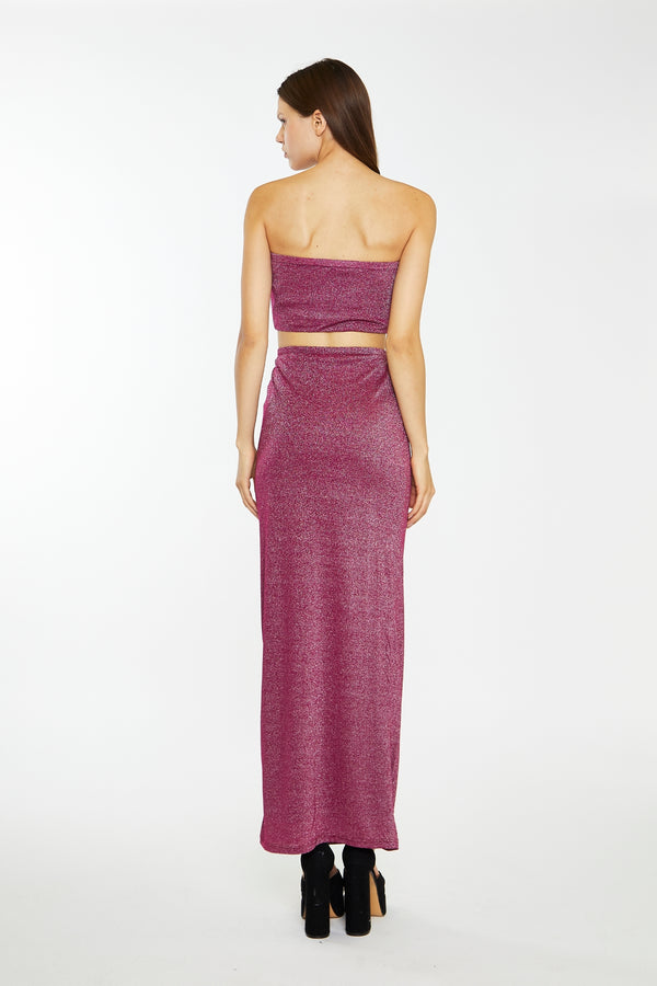 Glamorous Red-Plum Glitter Straight Maxi-Skirt