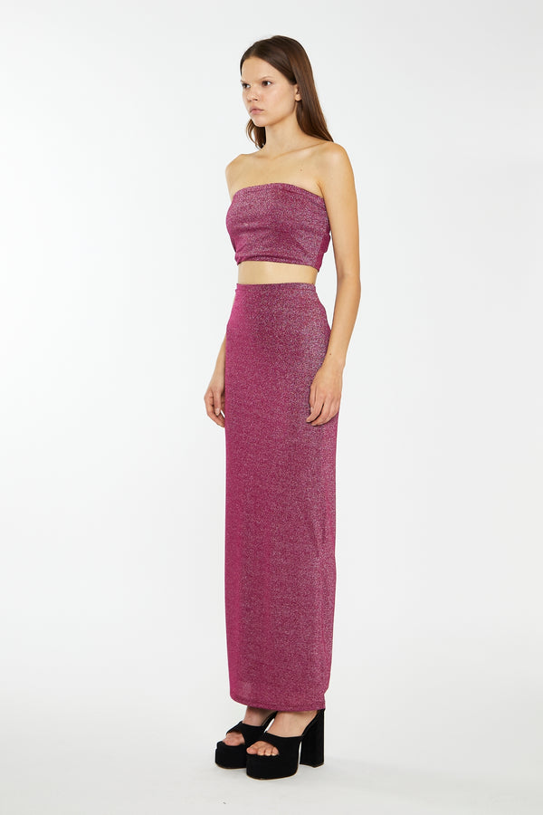 Glamorous Red-Plum Glitter Straight Maxi-Skirt