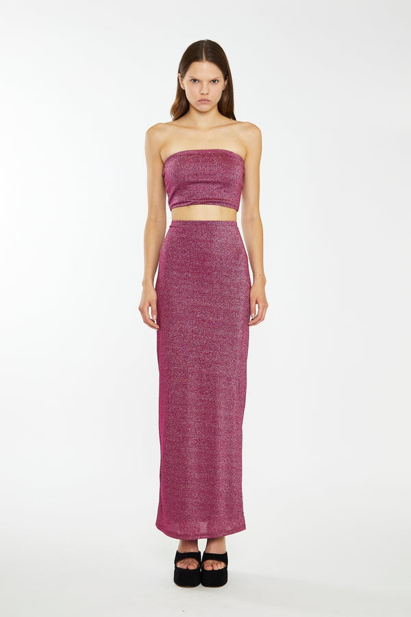 glamorous Red-Plum Glitter Straight Maxi-Skirt