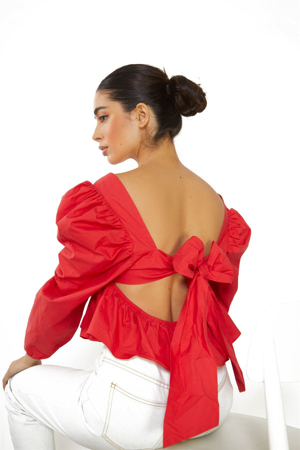 Glamorous Red Puff Long Sleeve Open Back Top