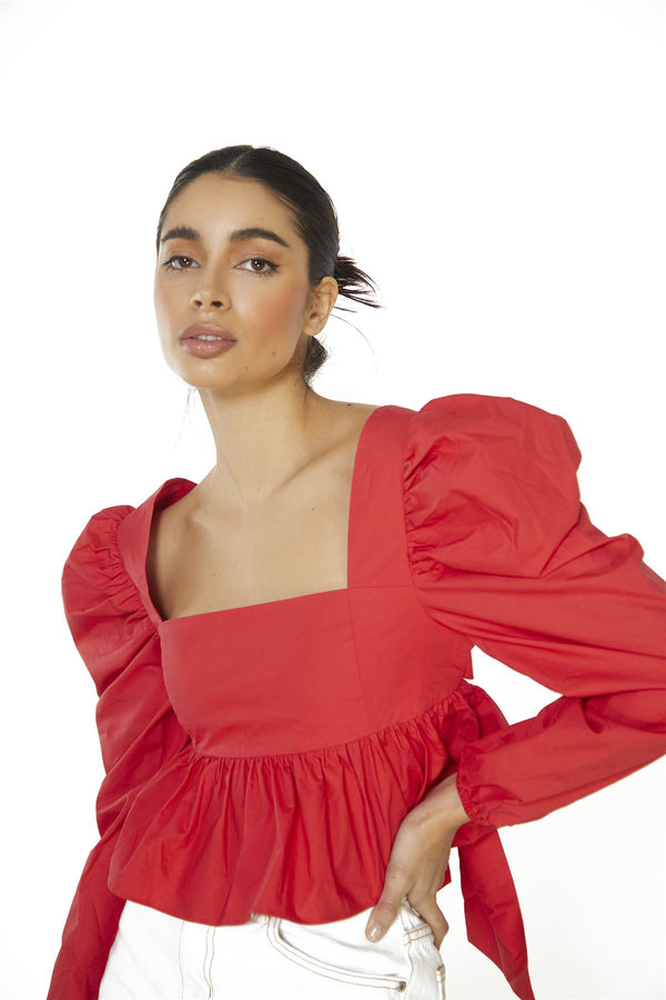 Glamorous Red Puff Long Sleeve Open Back Top