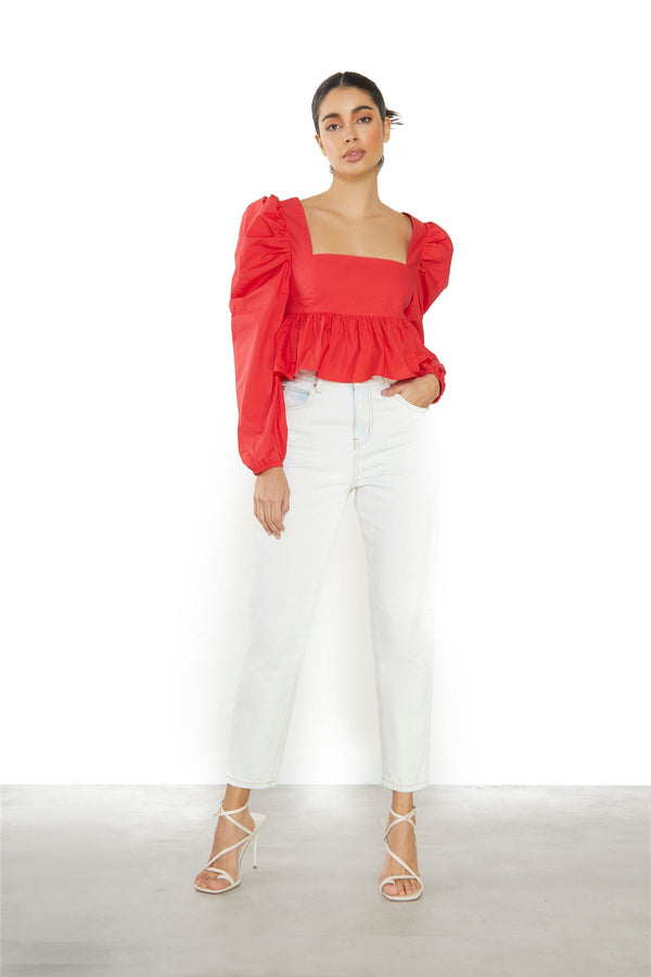 glamorous Red Puff Long Sleeve Open Back Top