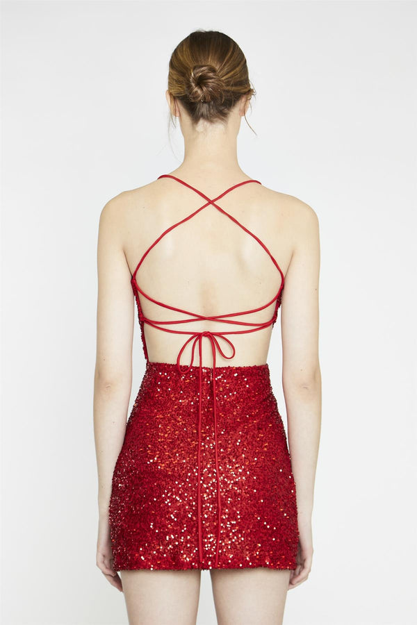 Glamorous Red-Sequin Lace-Up Back Mini-Dress