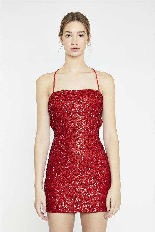 glamorous Red-Sequin Lace-Up Back Mini-Dress