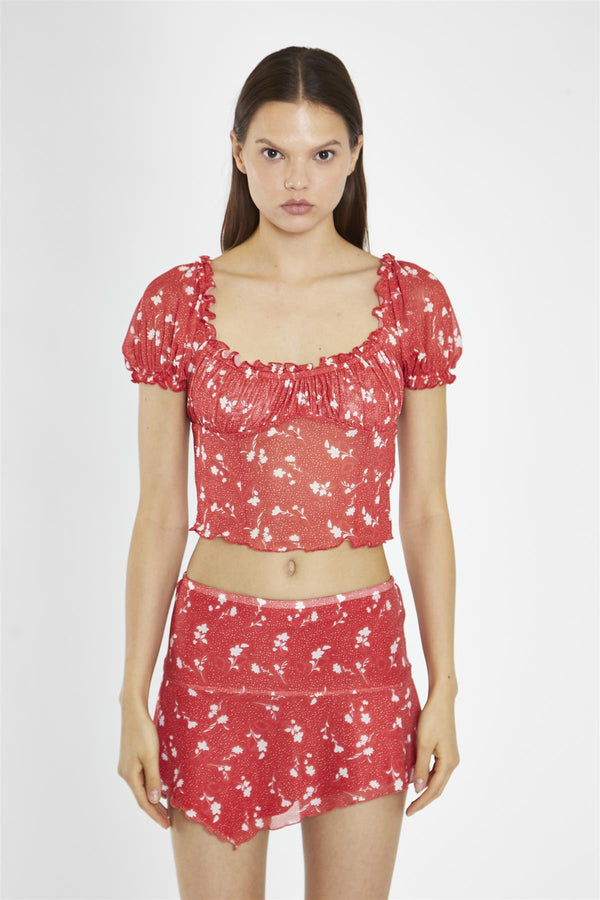Glamorous Red Vintage-Floral Milkmaid Crop-Top