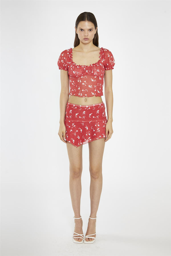 glamorous Red Vintage-Floral Milkmaid Crop-Top