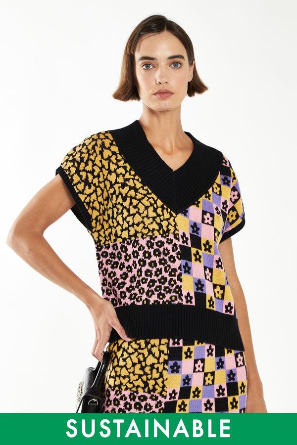 glamorous Retro Black Intarsia Knit Tank Top