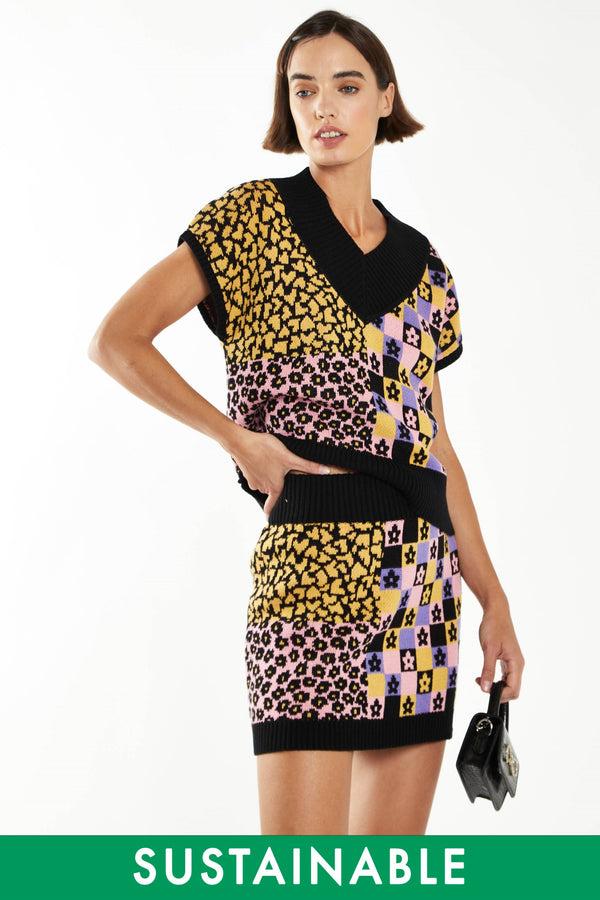 glamorous Retro Block Intarsia Knit Mini-Skirt