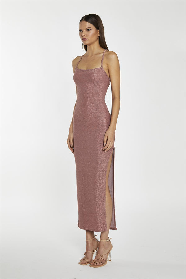 Glamorous Rose-Glitter Lace-Up Back Midaxi-Dress