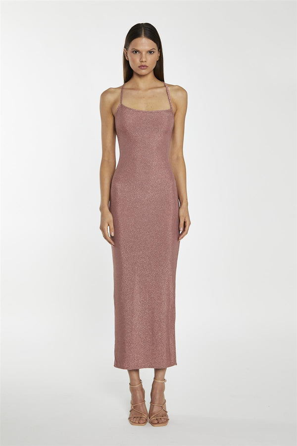 glamorous Rose-Glitter Lace-Up Back Midaxi-Dress