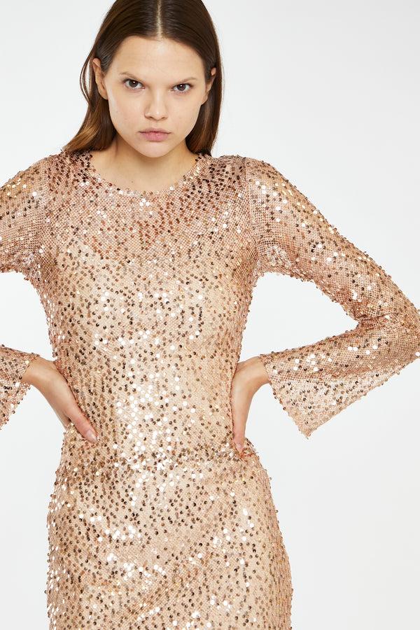 Glamorous Rose-Gold Sequin Mesh Mini-Dress