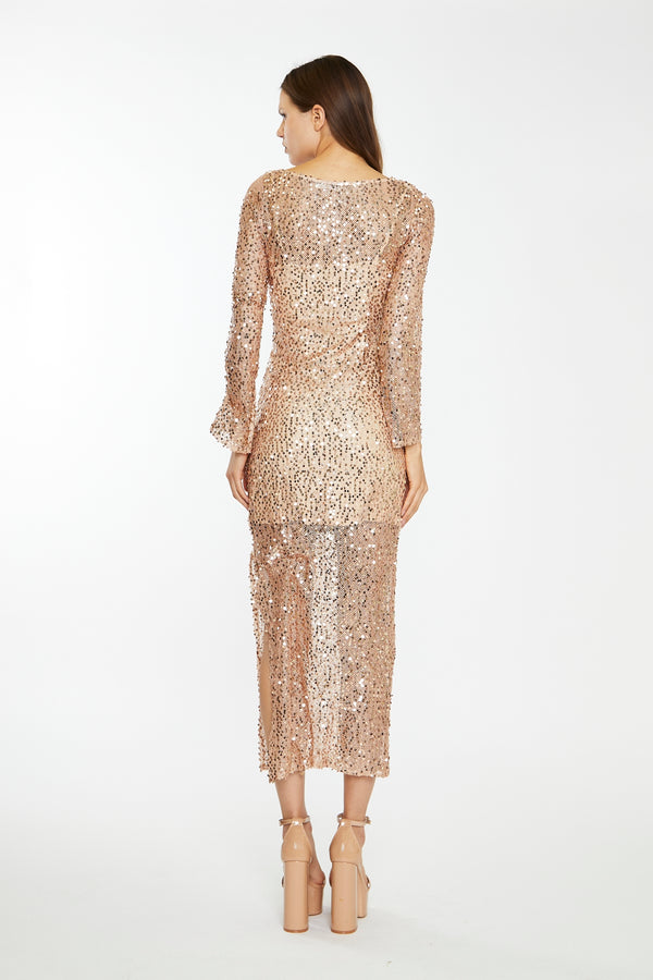 Glamorous Rose-Gold Sequin Mesh V-Neck Maxi-Dress