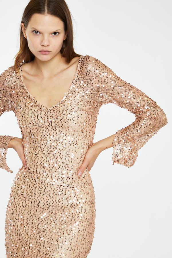 Glamorous Rose-Gold Sequin Mesh V-Neck Maxi-Dress
