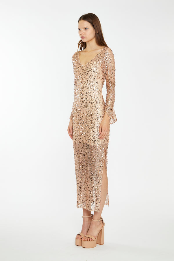 Glamorous Rose-Gold Sequin Mesh V-Neck Maxi-Dress