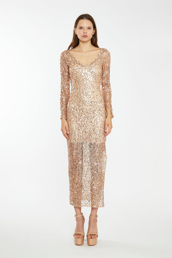 glamorous Rose-Gold Sequin Mesh V-Neck Maxi-Dress