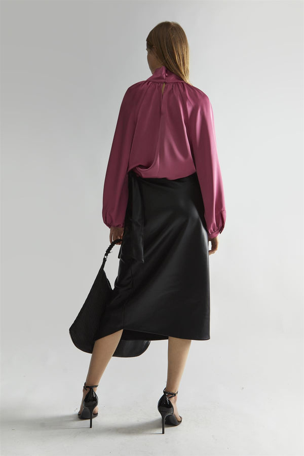 Glamorous Rose-Pink Satin Twist-Collar Blouse