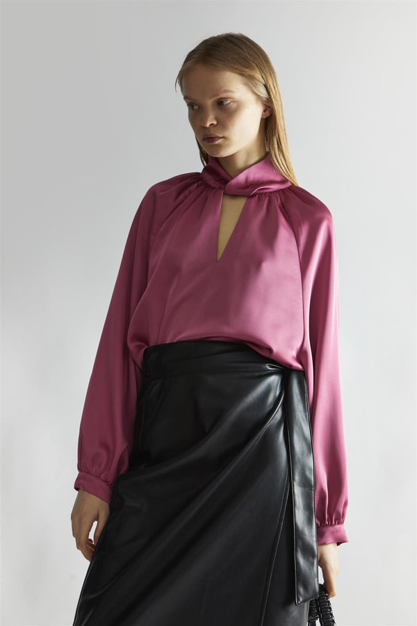 Glamorous Rose-Pink Satin Twist-Collar Blouse