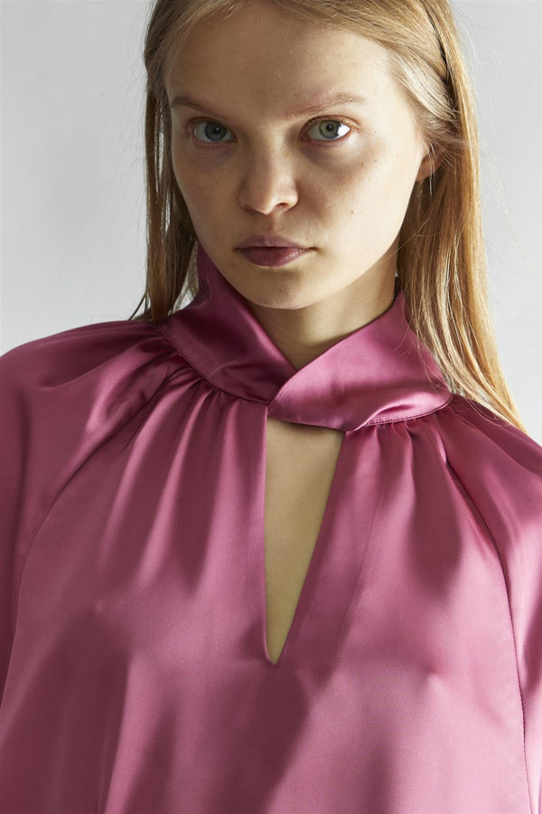 Glamorous Rose-Pink Satin Twist-Collar Blouse
