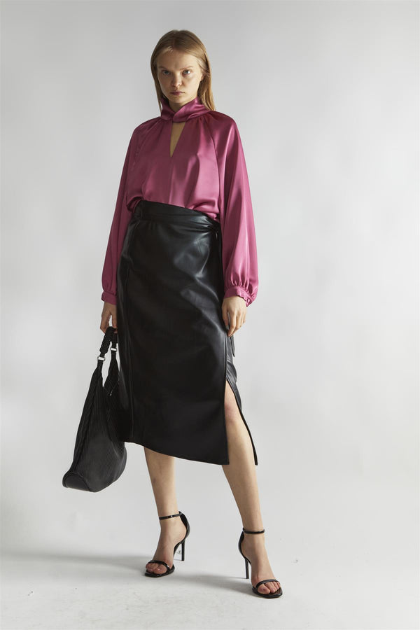 glamorous Rose-Pink Satin Twist-Collar Blouse