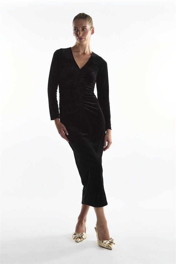 glamorous Ruched Front Maxi Dress - Black Velvet