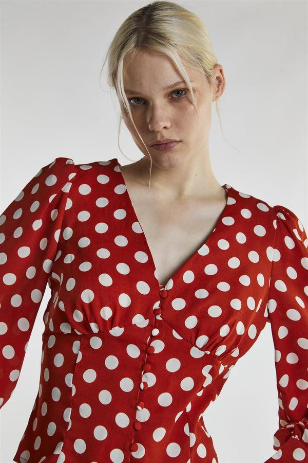 Glamorous Rusty White Polka Long Sleeve-Top