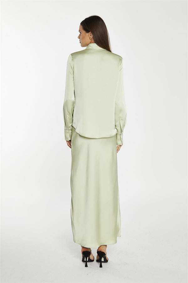 Glamorous Sage-Satin Bia-Cut Midi-Skirt