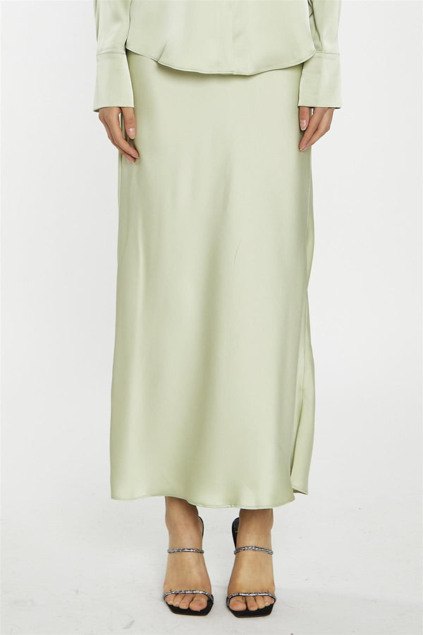 Glamorous Sage-Satin Bia-Cut Midi-Skirt