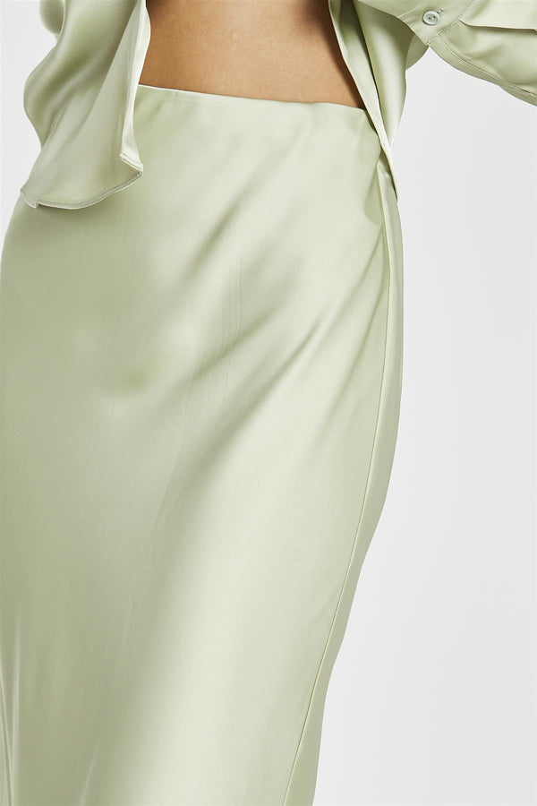 Glamorous Sage-Satin Bia-Cut Midi-Skirt