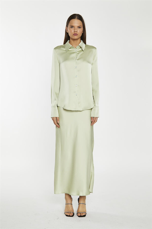 glamorous Sage-Satin Bia-Cut Midi-Skirt